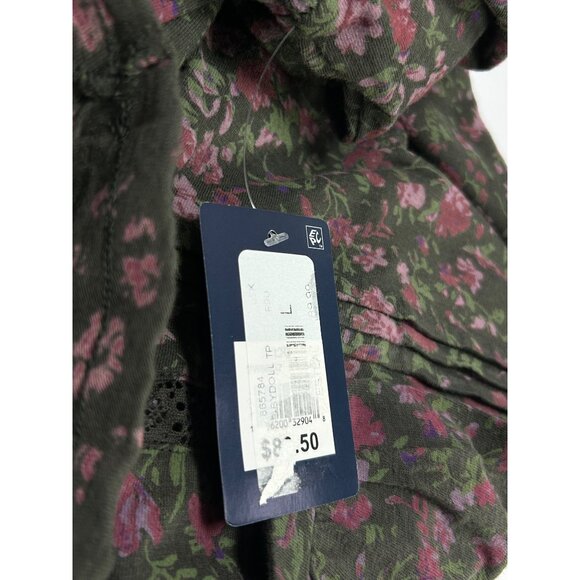 LUCKY BRAND Babydoll Top Sz L Black Pink Floral Textured Smock VNeck 100% Cotton - Picture 12 of 14